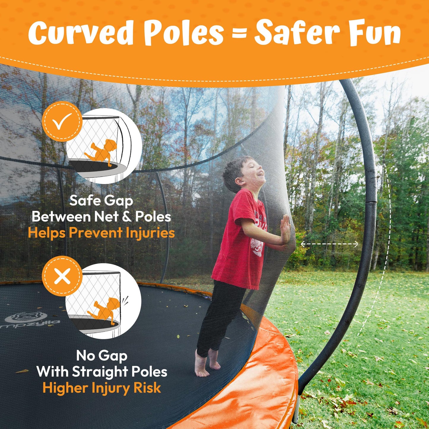 JUMPZYLLA Trampoline Outdoor 8FT 10FT 12FT 14FT 15FT 16FT with Enclosure and Ladder, ASTM Approved Recreational Trampoline for Kids and Adults, Anti-Rust Coated Frame (Orange, 8FT)