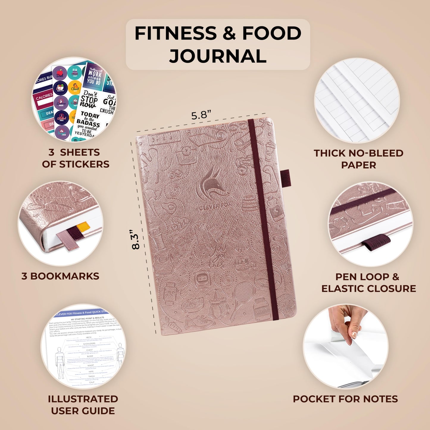 Clever Fox Fitness & Food Journal, Workout Planner, 5.8"x8.3" Rose Gold