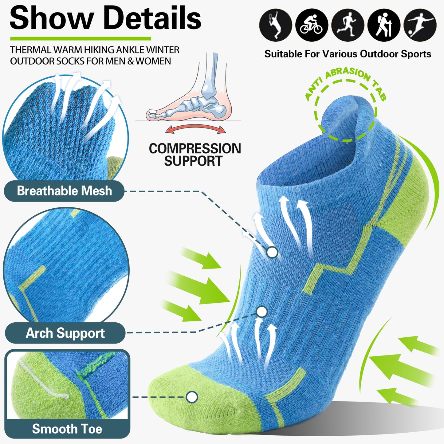 Welwoos Merino Wool Ankle Hiking Socks Thermal Warm Thick Winter Compression Support Running Cushion Athletic No Show Socks for Women Men Gifts Stocking Stuffers 6 Pairs(Mixed Color,M)