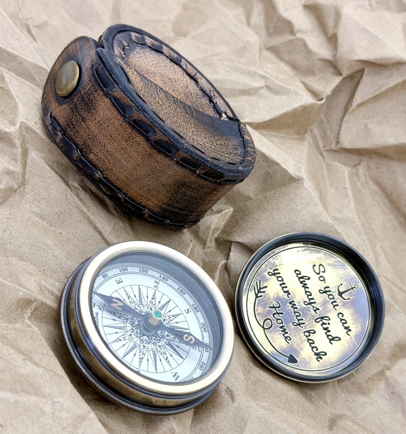 So You Can Always Find Your Way Back Home – Luxury Engraved Brass Pocket Compass with Leather Case – Anniversary Happy Gifts Graduation Gift for Men & Boys