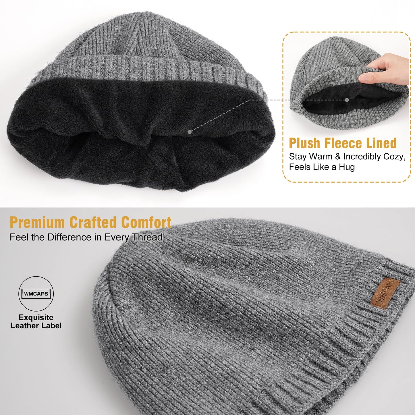Wmcaps Warm Fleece Lined Beanie, Soft Knit Winter Hat Ski Stocking Skull Caps for Men Women Black