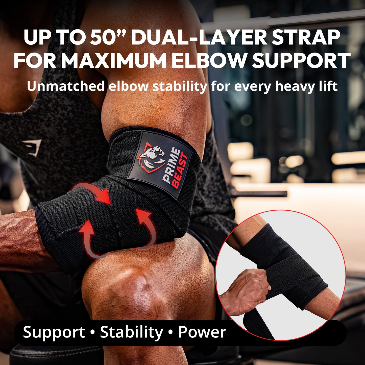 Prime Beast Hybrid Elbow Wraps for Weightlifting, Compression Sleeve and Adjustable Wrap Support for Bench Press, Powerlifting, and Gym Training (1 Pair) (Black, Small)