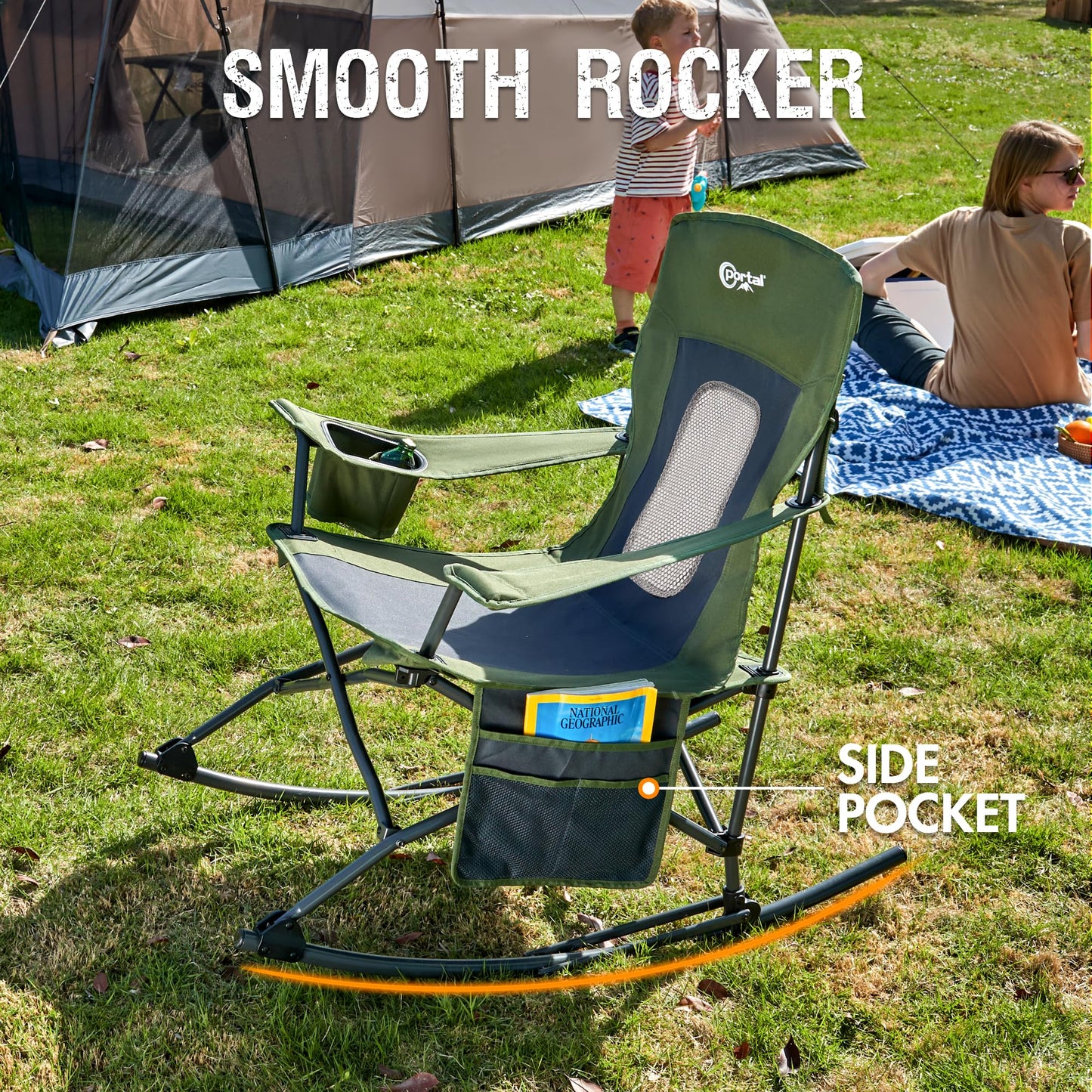 Portal Outdoor Rocking Chair Camping Folding Portable Rocker with Cup Holder Side Pocket Carry Bag, Support 350LBS (Mesh Green)