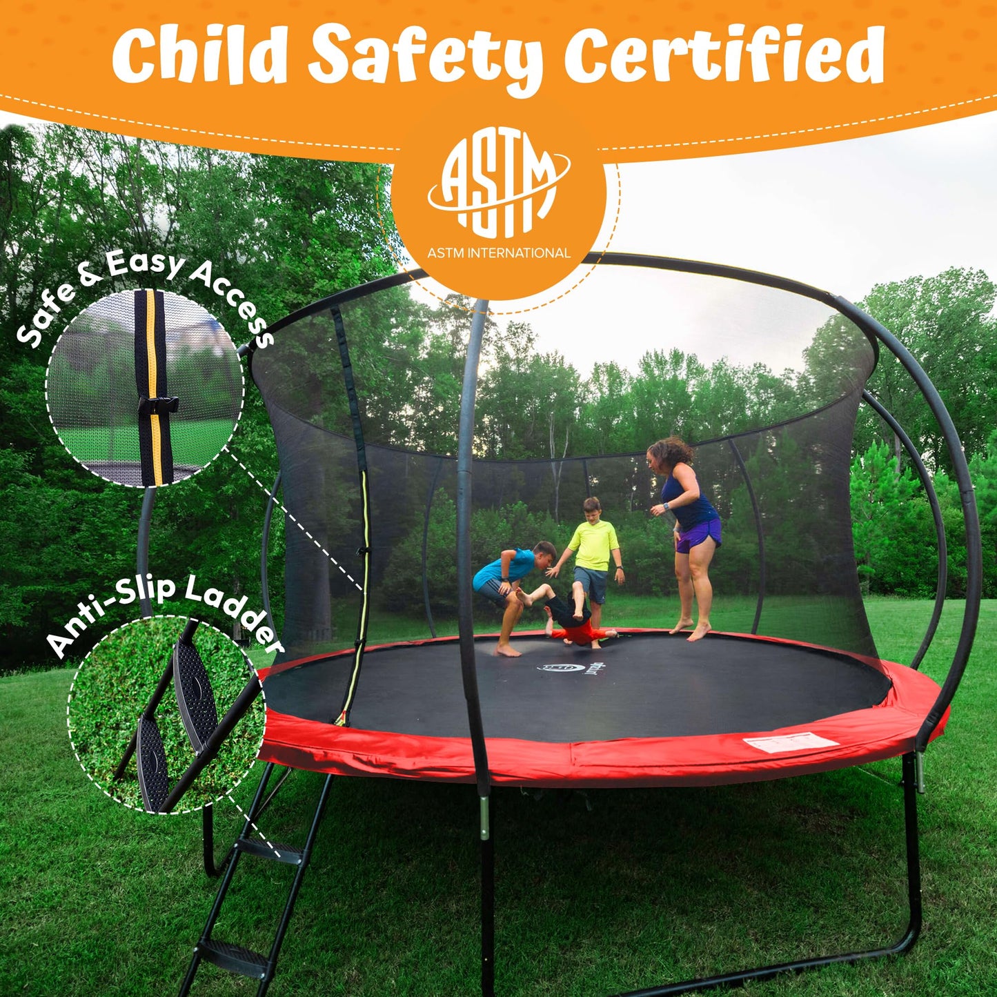 JUMPZYLLA Trampoline Outdoor 8FT 10FT 12FT 14FT 15FT 16FT with Enclosure, Non-Slip Ladder & Anti-Rust Coated Frame, ASTM Approved Recreational Backyard Large Trampoline with Net for Kids & Adults