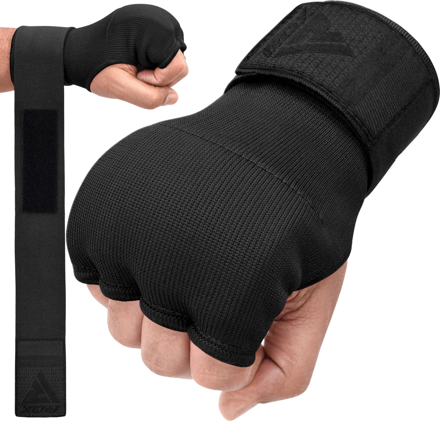RDX Gel Boxing Hand Wraps Inner Gloves Men Women, Quick 100cm Long Wrist Straps, Elasticated Padded Fist Under Mitts Protection, Muay Thai MMA Kickboxing Martial Arts (Full Black, S)