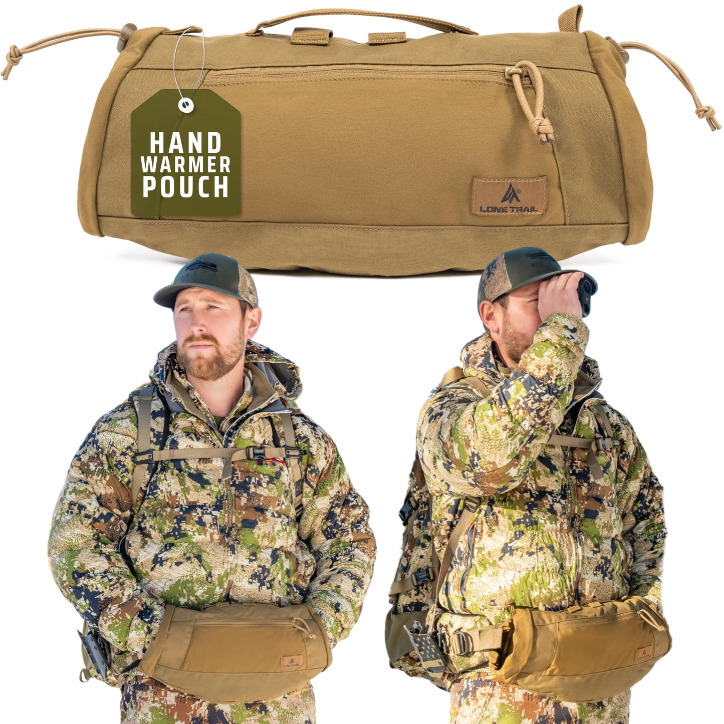 Lone Trail Hiking Hunting Hand Warmer Pouch, Hiking, and Camping with 500D Water Repellent Exterior -Army Hand Muff Hunting Gear 9oz Ultra Light and Adjustable, Sherpa Fleece Lined Tactical HandWarmer