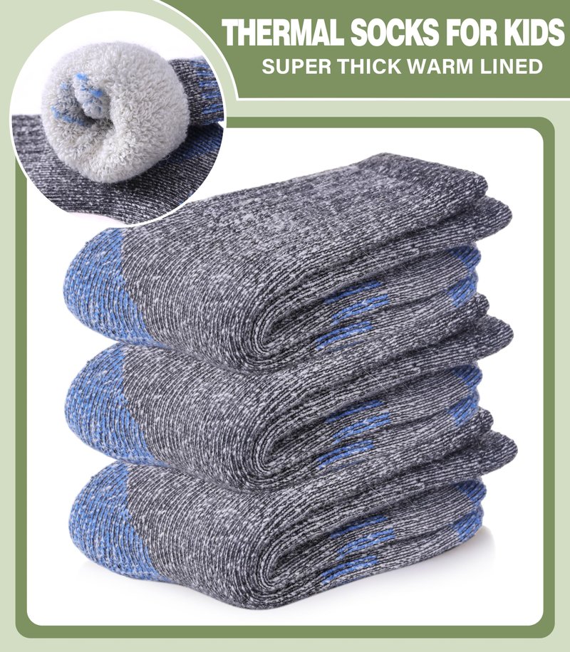 LANLEO Kids Merino Wool Hiking Socks Boys Girls Winter Thermal Warm Thick Cozy Cushion Boot Crew Socks 3 Pairs Hiking Socks Blue,4-7 Year Old