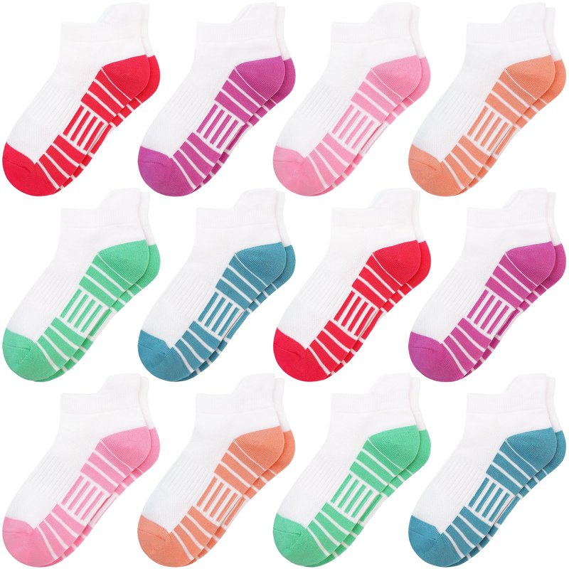 SPTRAMLE 12 Pairs Girls Socks, Athletic Socks for Girls Ankle Sock Cotton Running Sock with Tab for Kids 5-7 Years