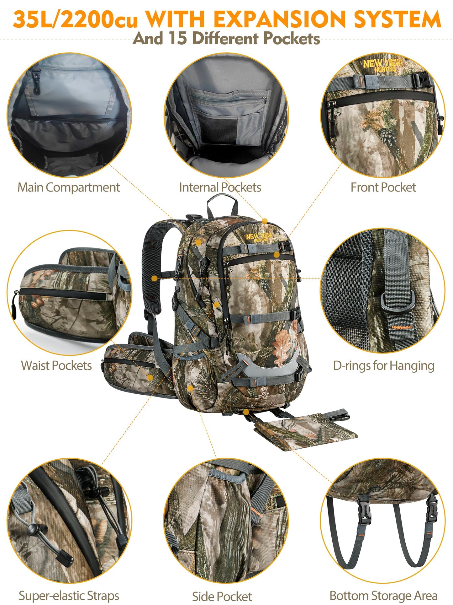NEW VIEW Hunting Backpacks for Men 35L, Camo Backpack for Hunting with Rifle Bow Gun Holder, Waterproof Hunting Pack with Rain Rover