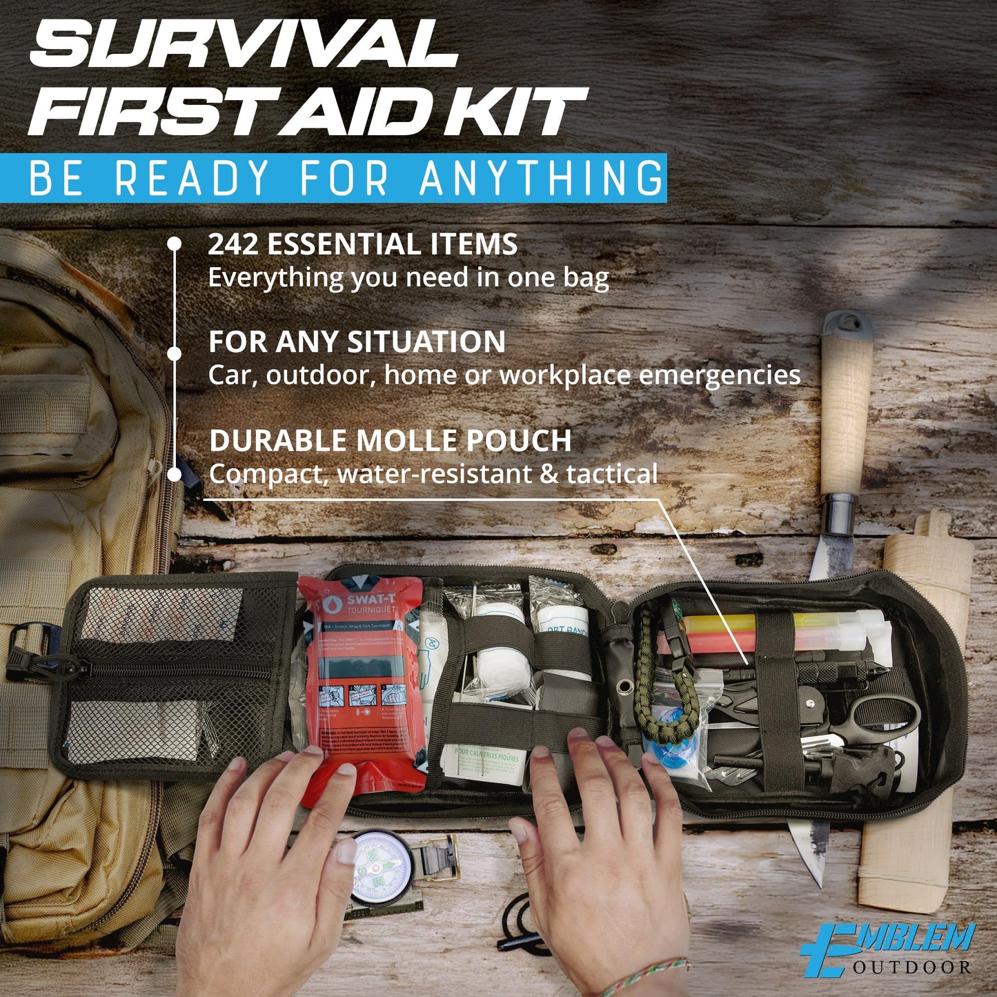 Emblem OD 242 Piece First Aid Survival Kit with Tourniquet | MOLLE Pouch with Paracord | Camping Hunting Hiking and Emergency Preparation | Survival Gear | Car First Aid Kit | Black