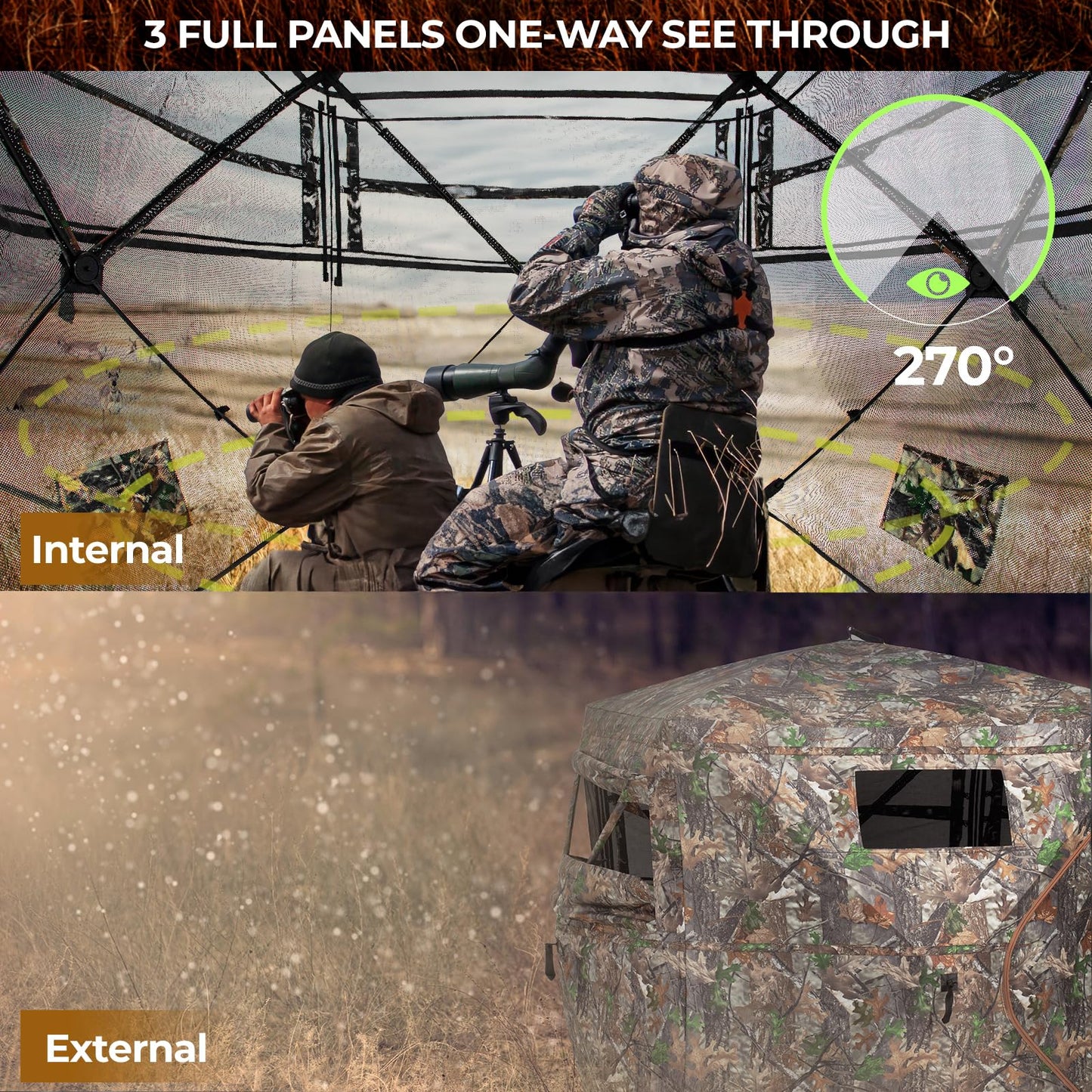 HUNTSEN Hunting Blind 270° See Through 3-4 Person Ground Blind Pop Up Deer Blind for Hunting with Carring Bag - Portable Durable Blind for Turkey and Deer Tent