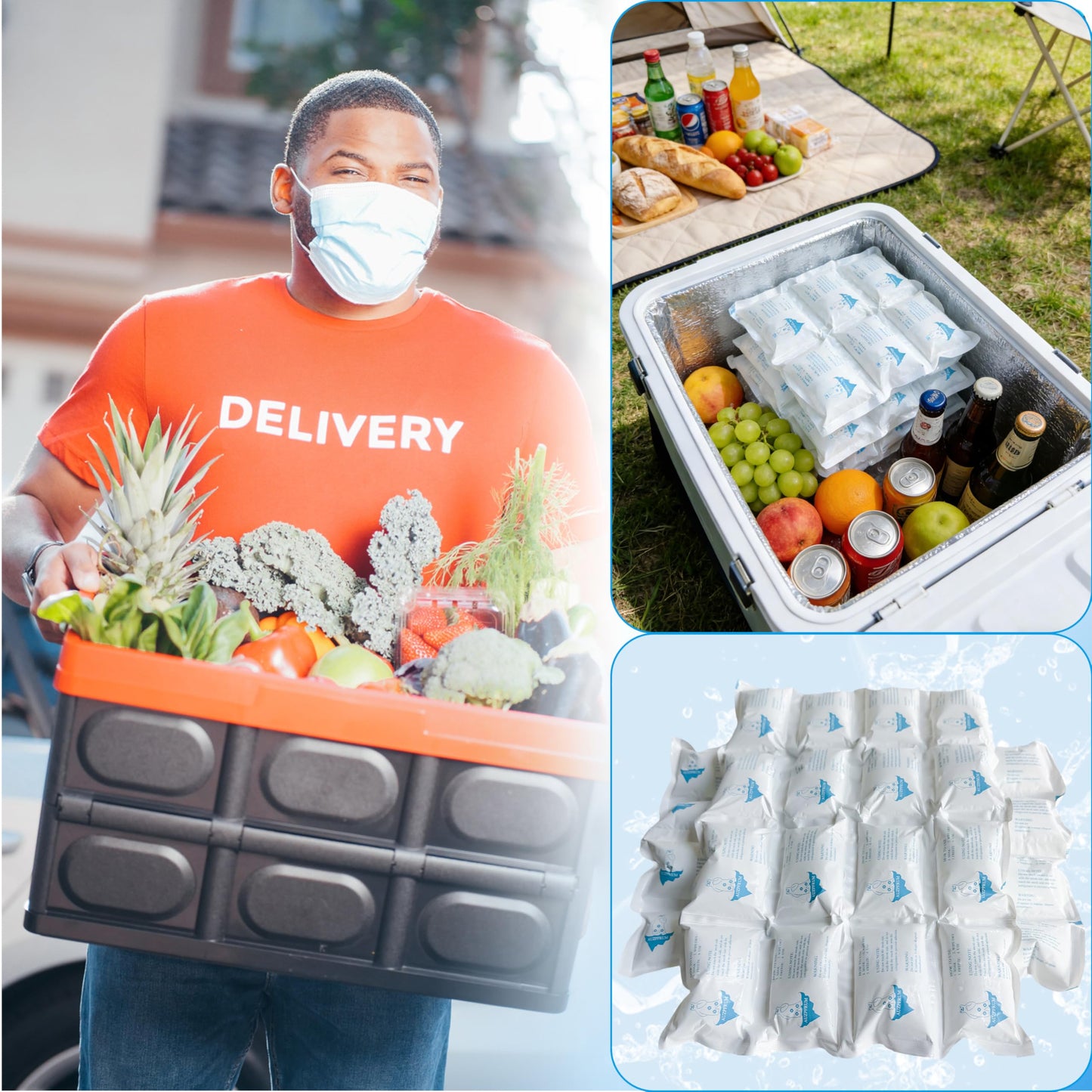 AUZPFRUM Dry Ice Packs for Shipping | 24+ Hour Long Lasting Cold Ice Pack for Coolers | 3 Sheets - 48 Cells | Soak for 25-35 minutes - Expand - Dry - Use after Frozen | Reusable Freezer Block for Food