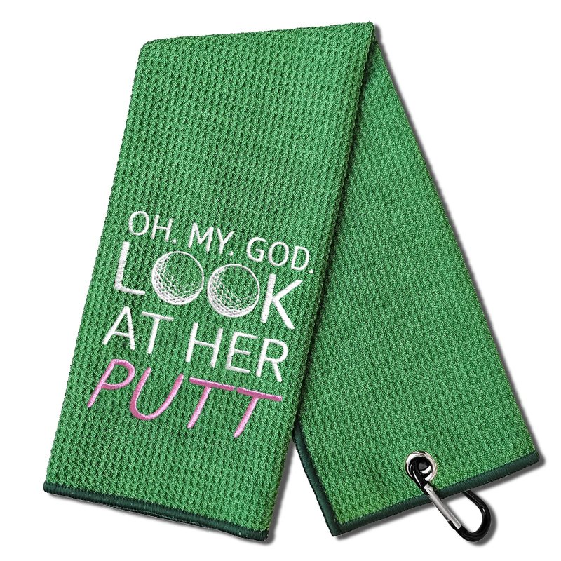 DYJYBMY Oh My God Green Golf Towel with Clip, Embroidered Sports Towels for Golf Lovers, Funny Golf Accessories for Men Women, Birthday Retirement Golfing Gifts for Golfer Mom Dad Family Friend