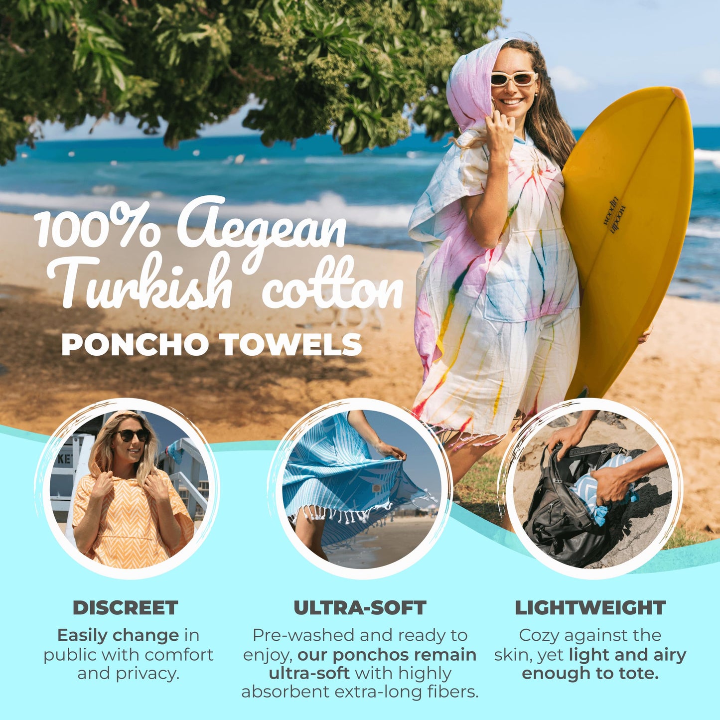 Nova Blue Surf Poncho – Large Changing Towel (33 x 37) – 100% Cotton Hooded Towel Adult for Surf Beach Pool and Swim (Multi tie-dye)