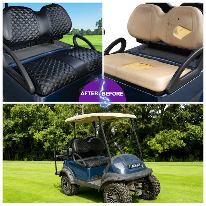PZWLI Club Car Precedent seat Cover，Fit forClub Car Precedent，Vinyl seat Cover, Diamond Texture, Easy to Install Golf cart Accessories, no Staples Required（Black&Black Stitch）