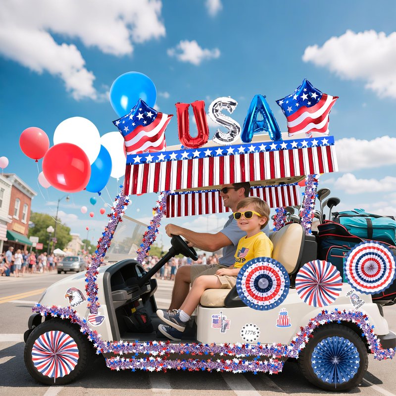 106 Pcs 4th of July Golf Cart Decorations Kit, Patriotic Parade Car Decoration, Red White Blue Tinsel Garlands, Pleated Fan Flag, Paper Fans, Pom Poms, Balloons for Independence Day Memorial Day
