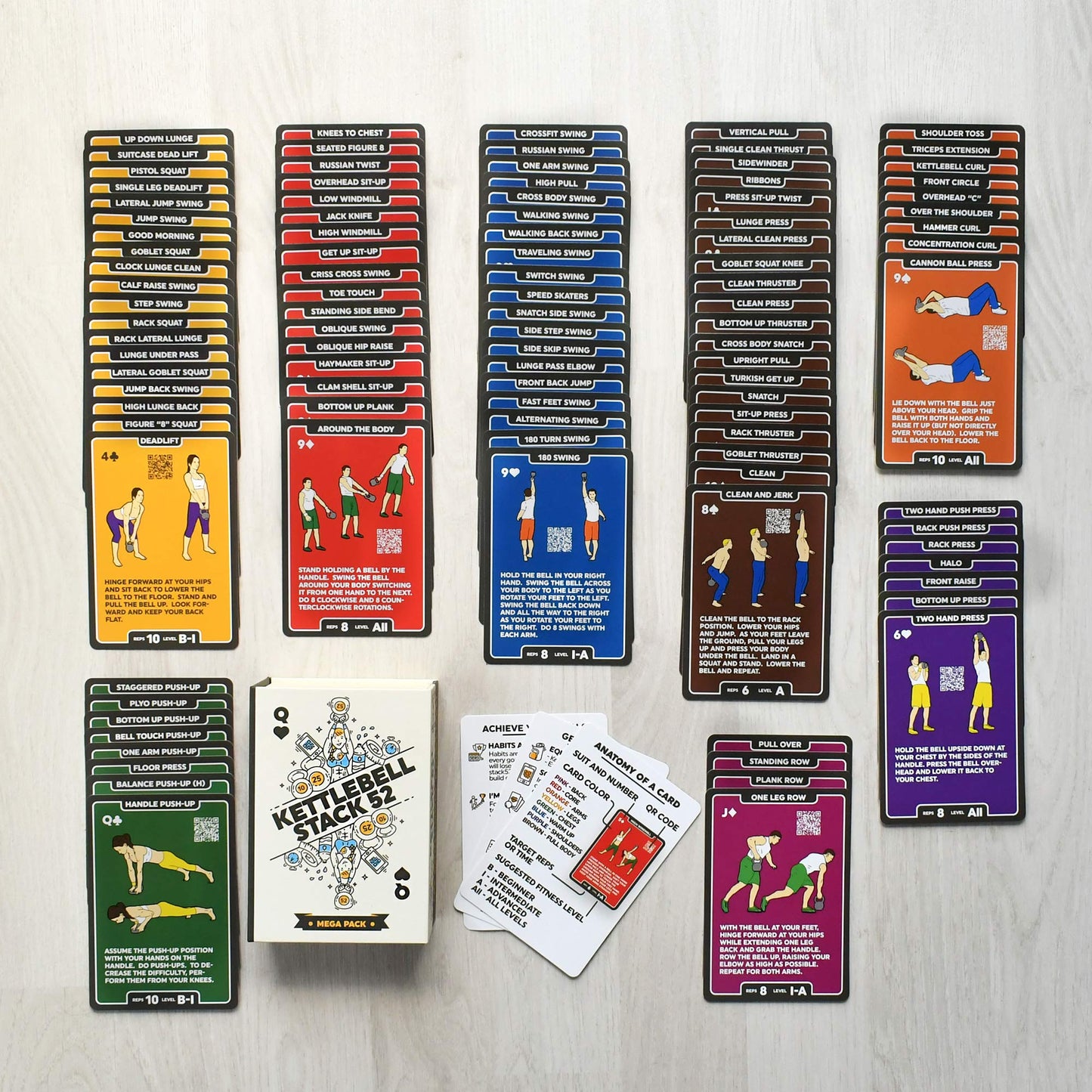 Stack 52 Kettlebell Exercise Cards. Workout Playing Card Game. Video Instructions Included. Learn Kettle Bell Moves and Conditioning Drills. Home Fitness Training Program. (2019 Mega Pack)