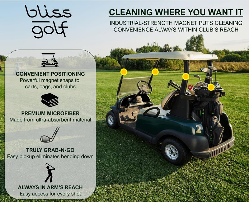 Bliss Golf Magnetic Golf Towel | Premium Microfiber Towel | Industrial Strength Magnet Attaches to Golf Carts and Clubs | Deep Waffle Pockets | Bag Buckle | Stylish and Convenient (Black)