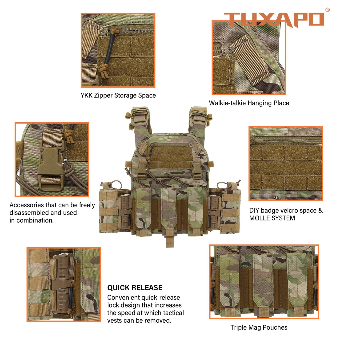 Tuxapo Tactical MOLLE Vests with Triple mag Pouch and Side Cummerbund Pouches, Quick Release Vests for Men