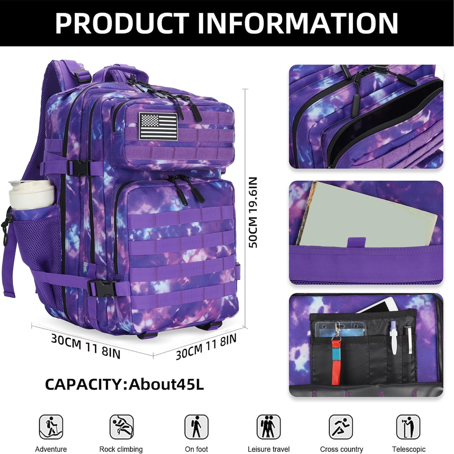 Lovelinks21 45L Tactical Assault Backpack 3 day assault pack with Molle Waterproof backpack Rucksack for Tactical Backpacks (Purple Camo)