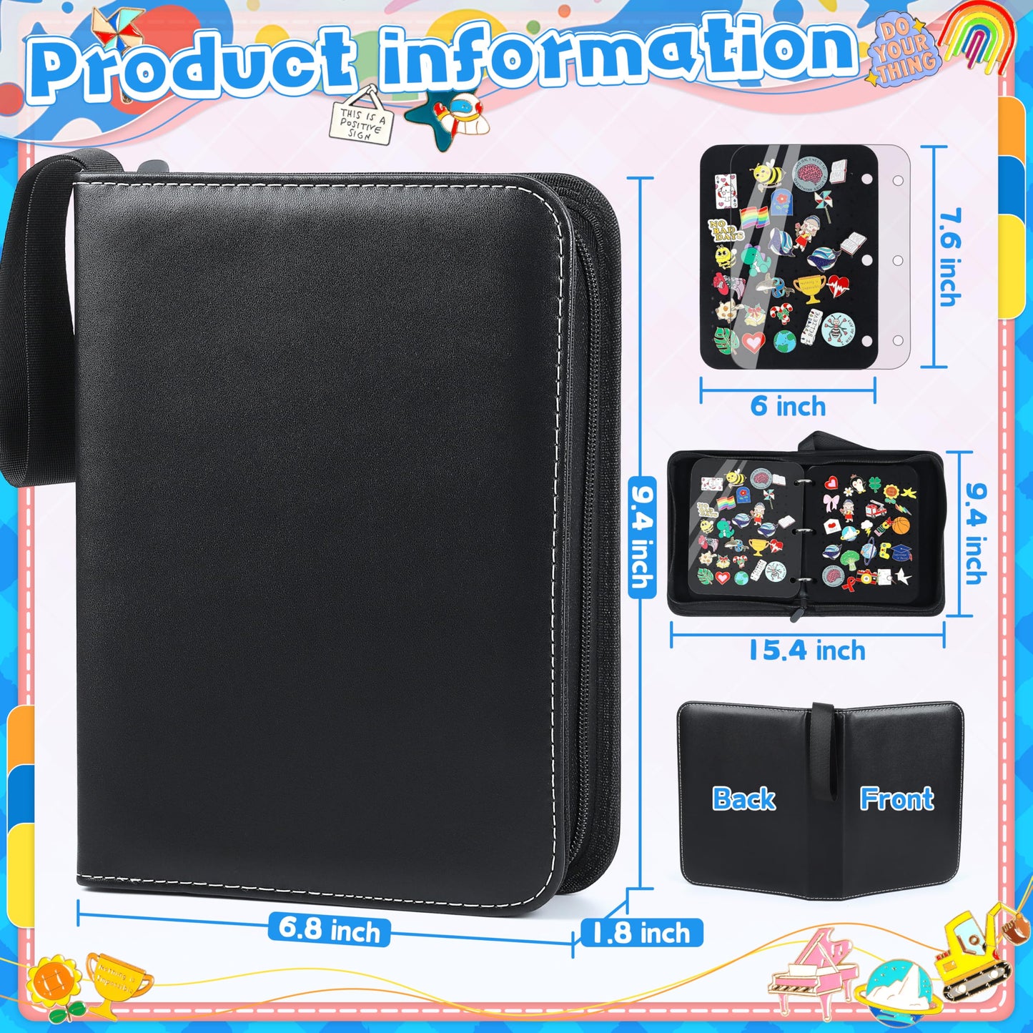 CLGYAGL Pin Bag Case for Trading: 6 Page Black Leather Pins Display Books Holder for Enamel Pins Sports Lapel Collector - Portable Pin Storage Zipper Organizer for Travel Exhibition