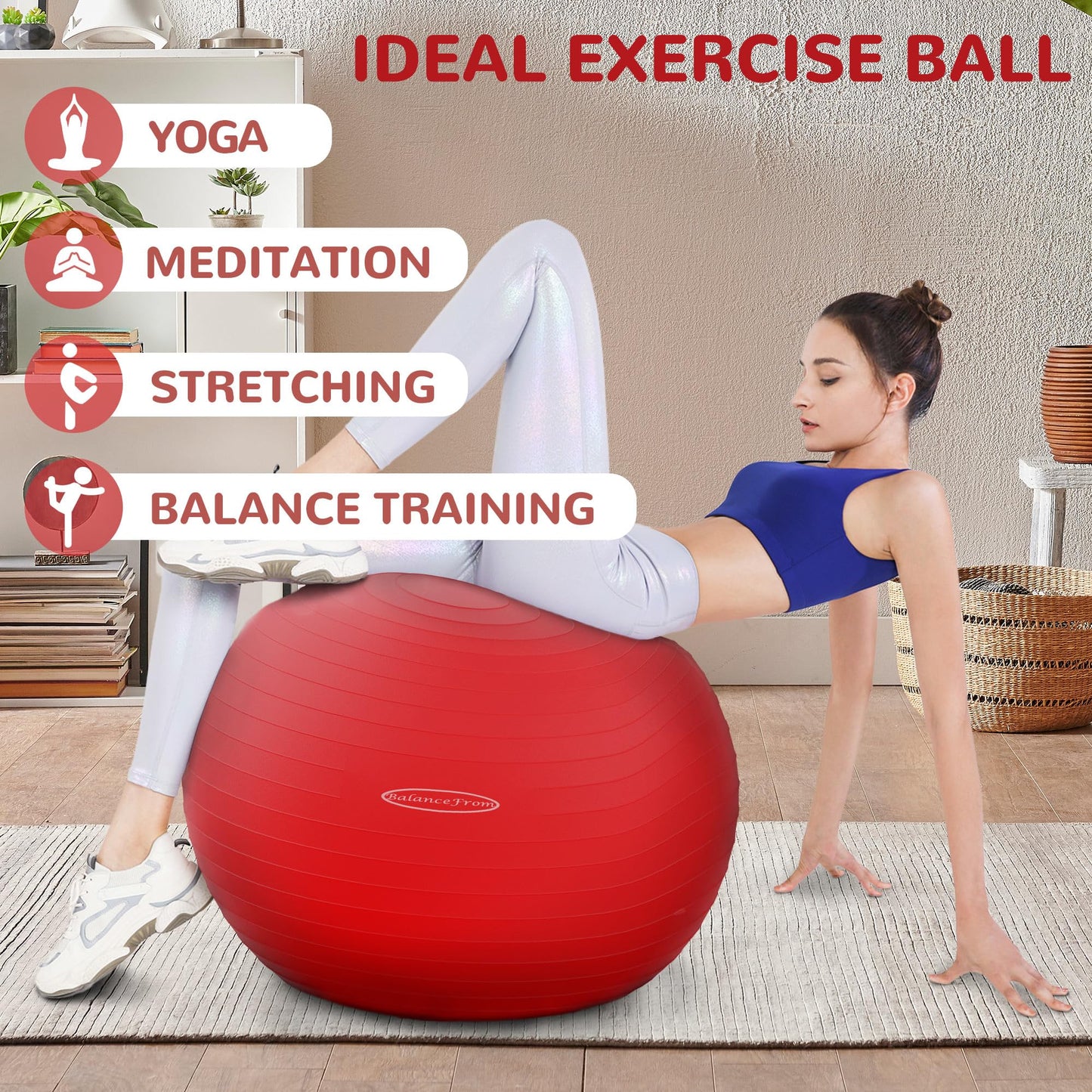 Fitvids Anti-Burst and Slip Resistant Exercise Yoga Ball with Quick Pump 48-55cm, M, Red