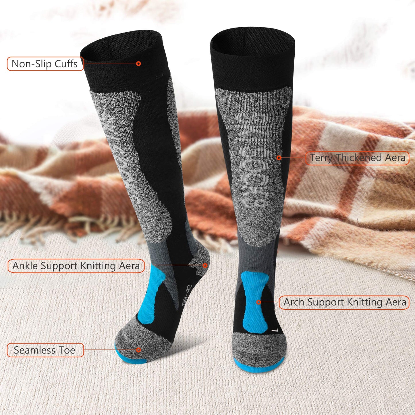 MCTi Ski Socks Thermolite Winter Thermal Snow Snowboard Hiking Over the Calf Long Socks 2 Pairs