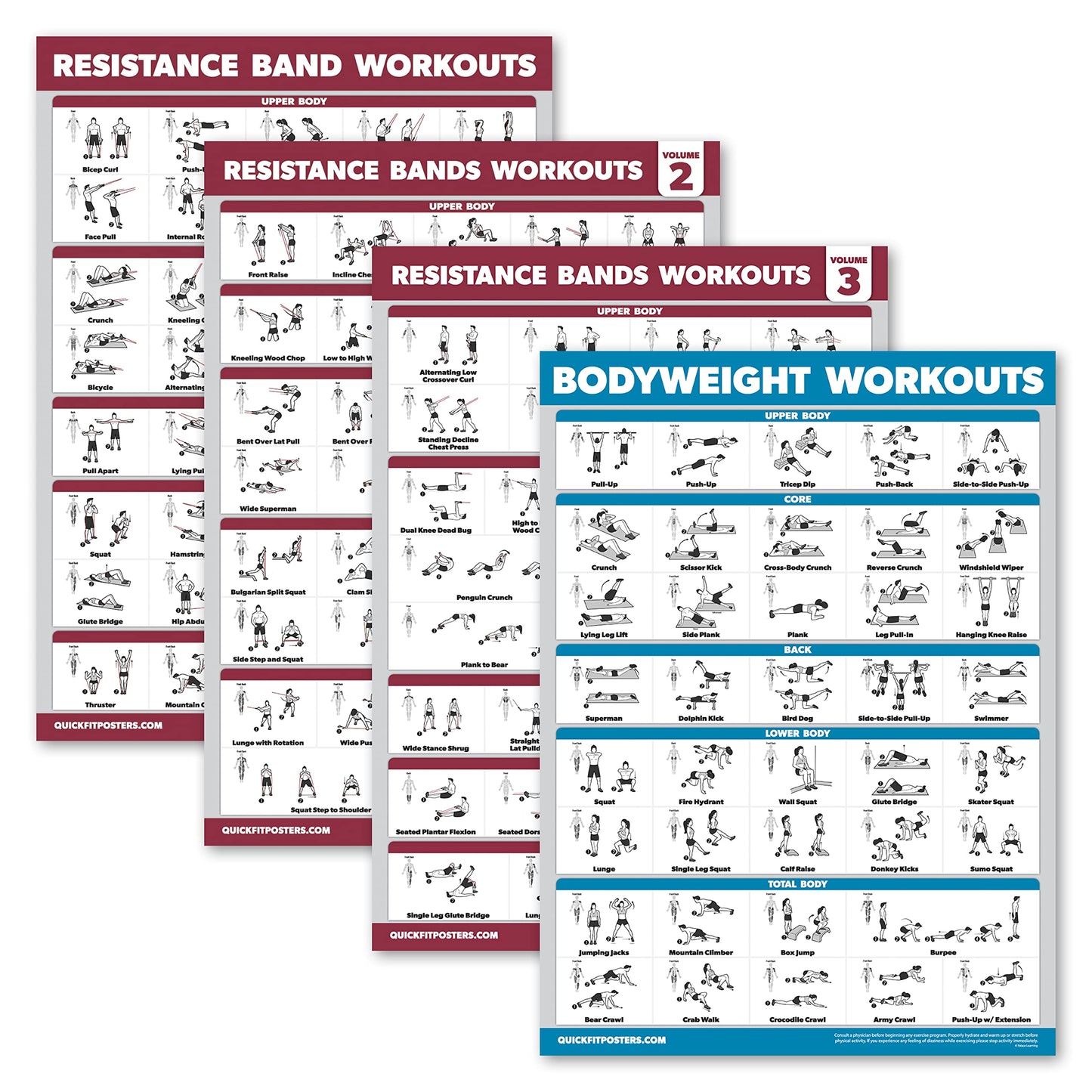 Palace Learning 4 Pack - Resistance Bands Workout Posters Volume 1, 2 & 3 + Bodyweight Exercise Chart (LAMINATED, 18" x 24")