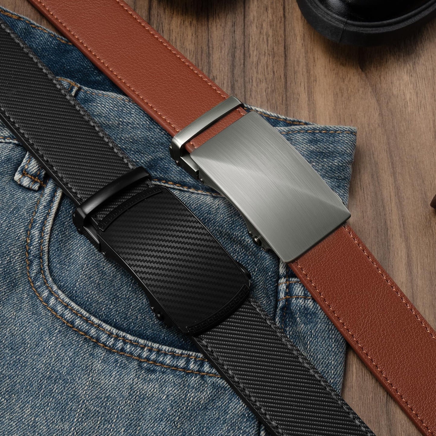Zitahli Ratchet Belt for Men - 2 Packs Leather Mens belt For Gift Men Dress and Casual,Trim to Fit Size 34"-40"
