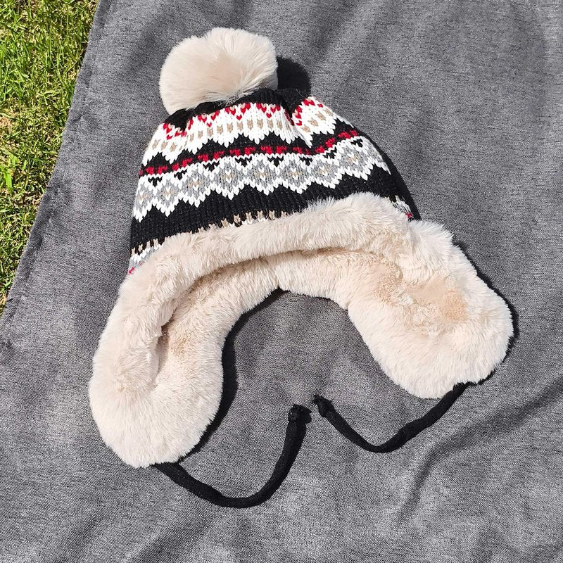 Kejea Knit Beanie Hat Winter Ear Flaps Women Black Ushanka Trapper Hats Skull Ski Cap Men (US, Numeric, 6 3/4, 7 1/2, Black)