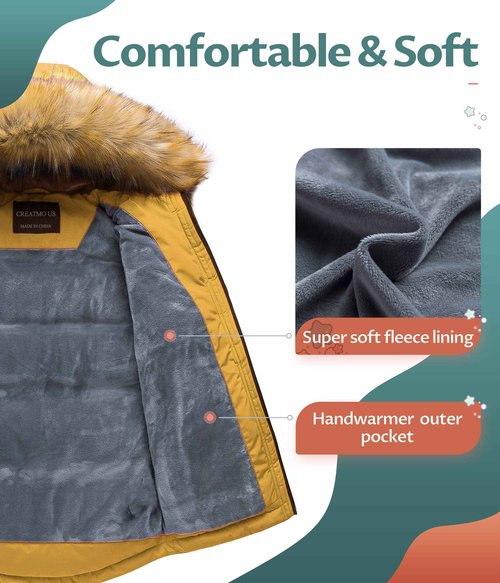 CREATMO US Boy's Parka Hooded Coat Mid-Long Winter Puffer Jacket For Kids Yellow 14-16