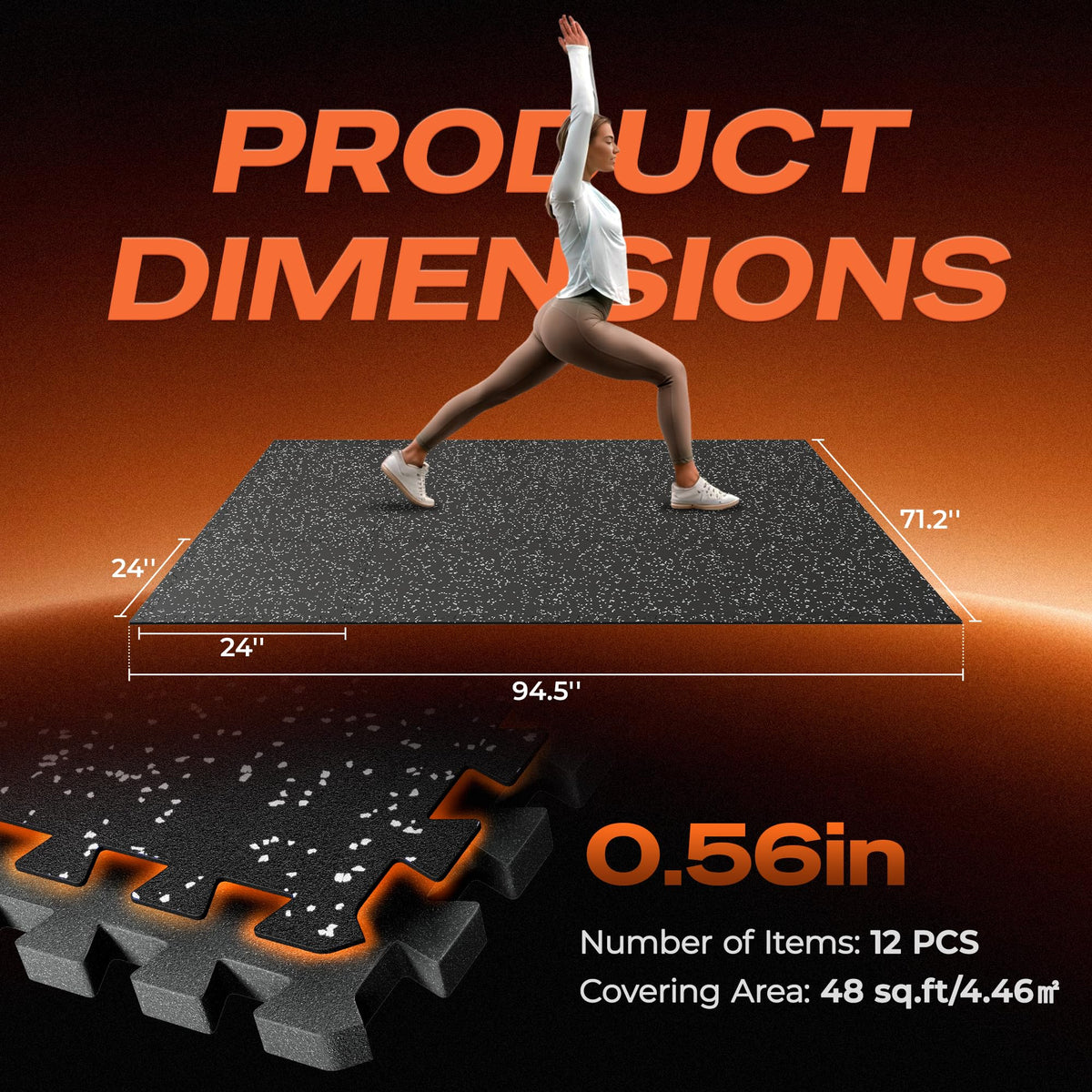 SUPERJARE 0.56'' Thick 12 Pcs 48 Sq Ft Rubber Top Exercise Equipment Mats, High Density EVA Foam Mats with Rubber Top, Interlocking Gym Flooring for Home Gym, Protective Workout Mat, Black/Grey