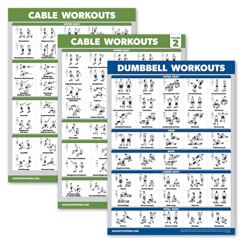 Palace Learning 3 Pack - Cable Machine Workout Posters Volume 1 & 2 + Dumbbell Exercise Chart (LAMINATED, 18" x 24")