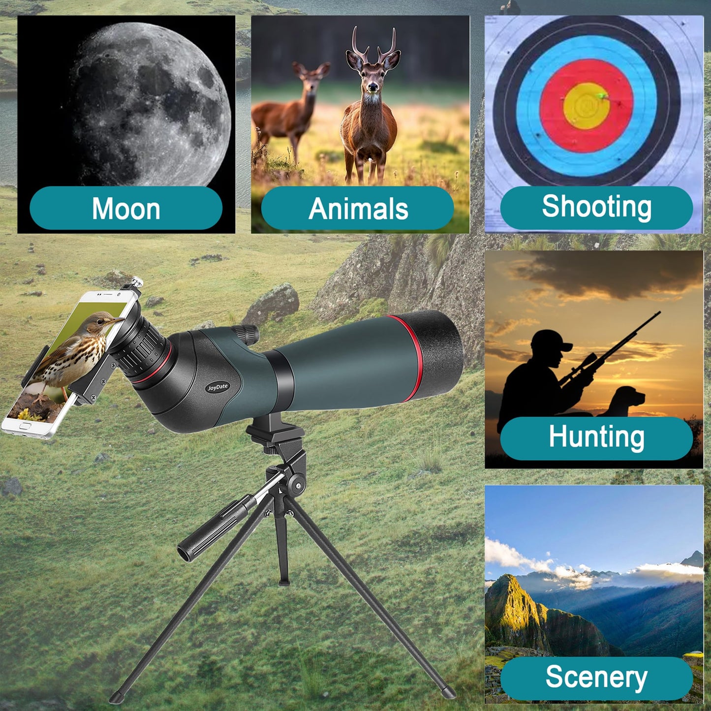 Joydate 20-60x80 Spotting Scopes for Bird Watching, BAK4 Waterproof Spotting Scope for Wildlife Viewing Hiking Camping, HD Spotter Scope with Tripod Smartphone Holder and Carrying Bag