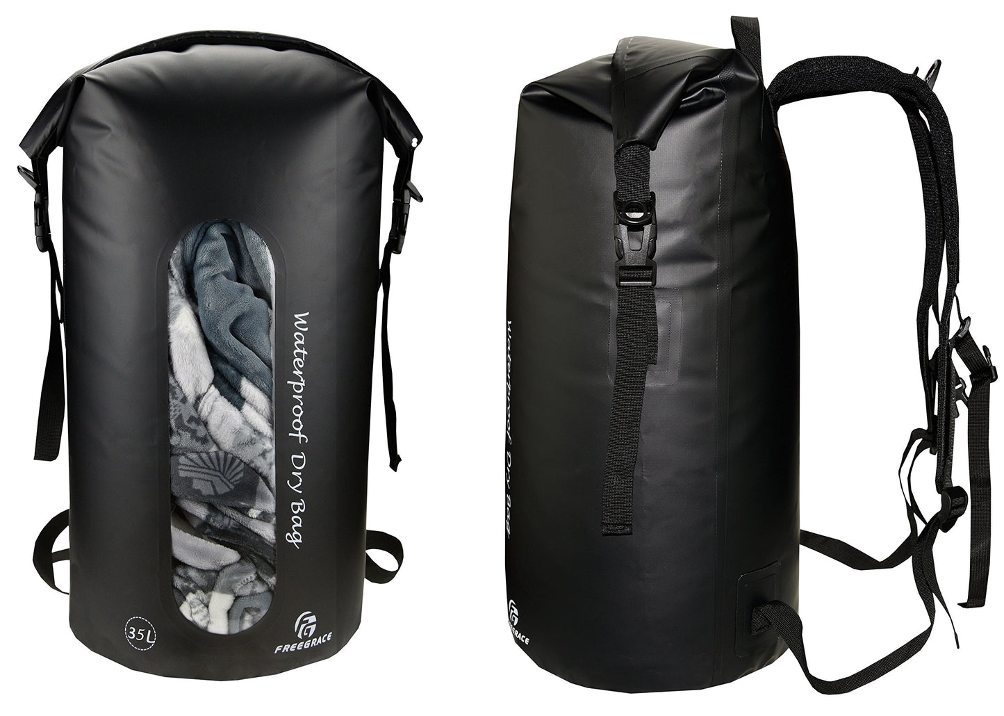 Freegrace Waterproof Dry Bag Set of 3 - Submersible Dry Sack with Double Zip Lock Seals - Includes Waist Pouch & Phone Case - Perfect for Kayaking, Swimming, Boating & Rafting (Window, Black, 35L)