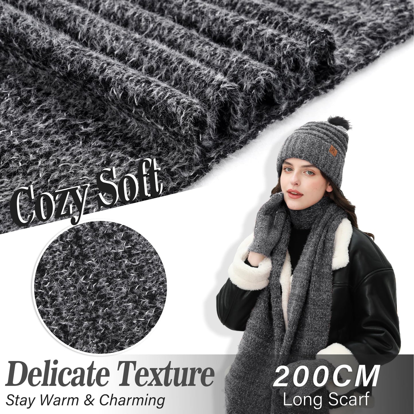Womens Winter Hats Beanie Touchscreen Gloves Long Scarf Set Knit Warm Caps with Pom Fleece Gifts for Women