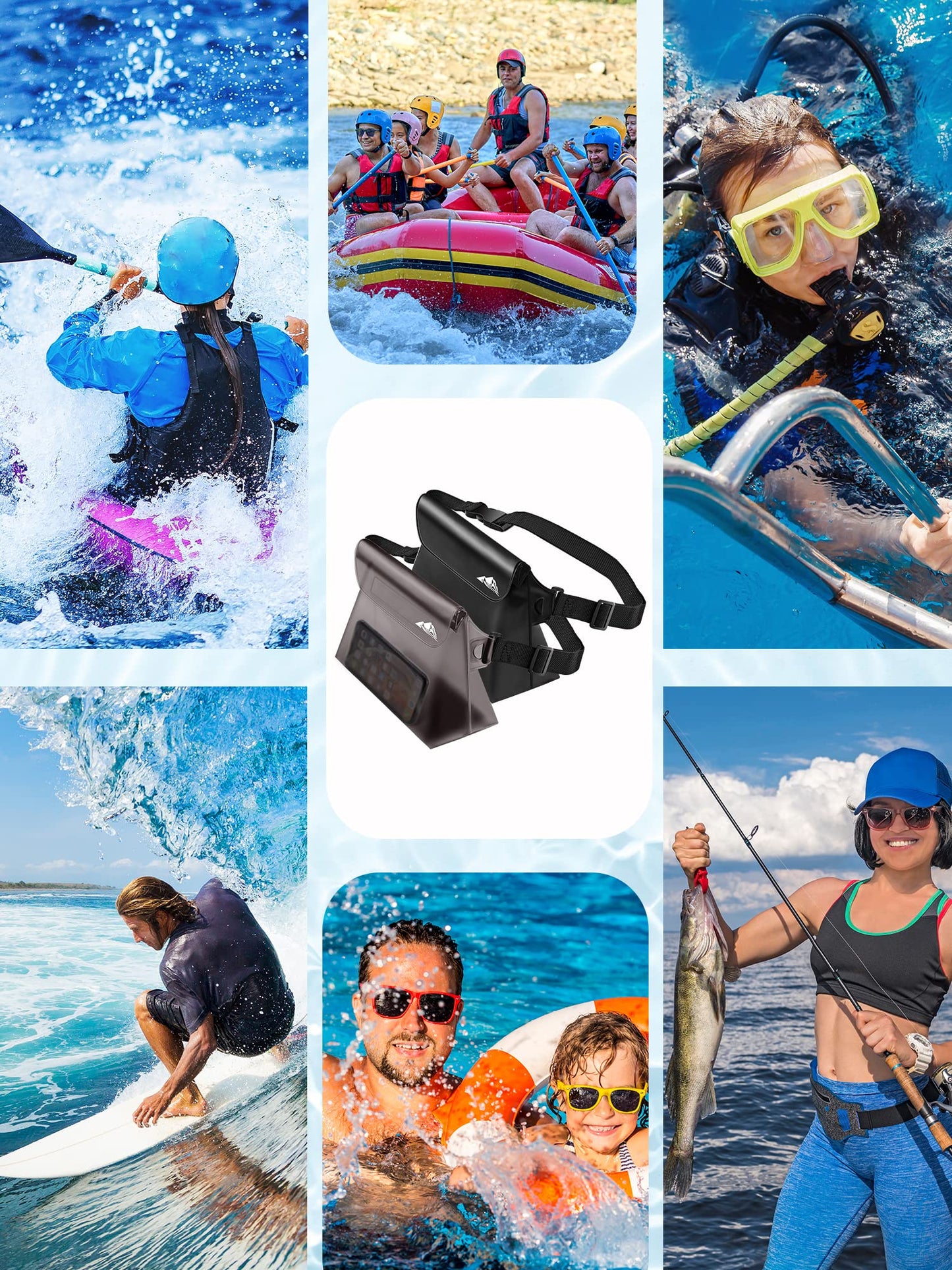 HEETA 2-Pack Waterproof Pouch with Waist Strap, Screen Touchable Dry Bag with Adjustable Belt for Phone Valuables for Kayaking Swimming Snorkeling Boating Fishing Surfing Beach (Black & Grey)