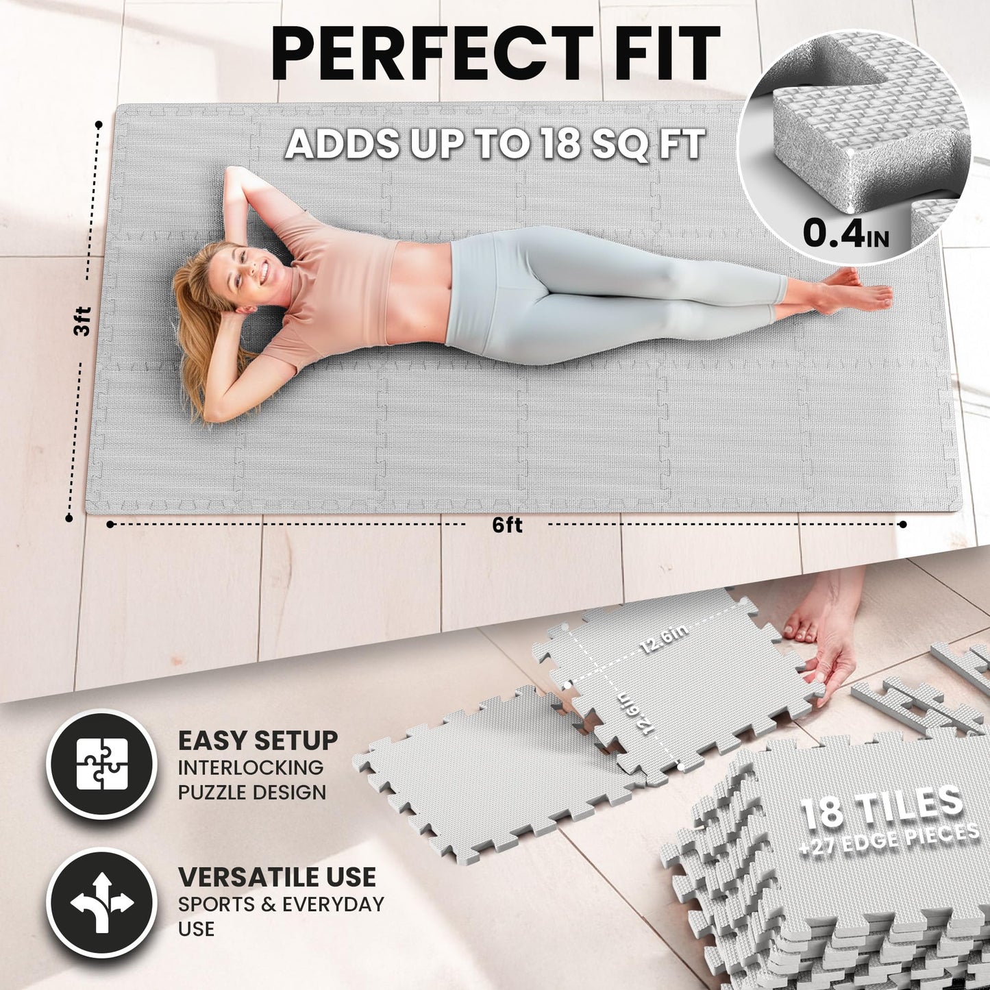 bemaxx Gym Mats Set - 18 pcs EVA Interlocking Foam Floor Tiles (12.6"x12.6"x0.4") 18sqft Protective Gym Flooring Sports Home Workout Exercise Mats Puzzle Garage Fitness Play-Room Pool Treadmill Bike