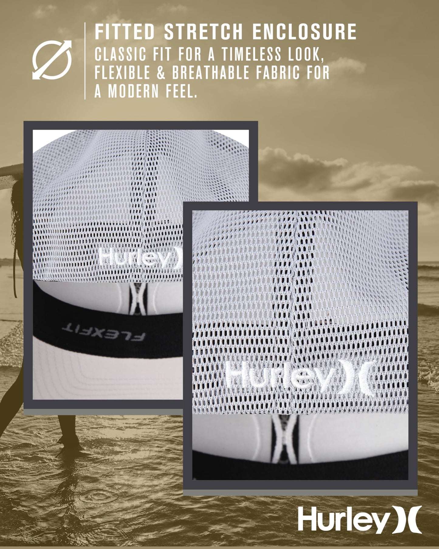 Hurley Mens Trucker Hat - Lightweight Breathable Stretch Mesh Back Curved Bill Baseball Cap with 3D Front Icon Logo, Size Large-X-Large, Light Grey