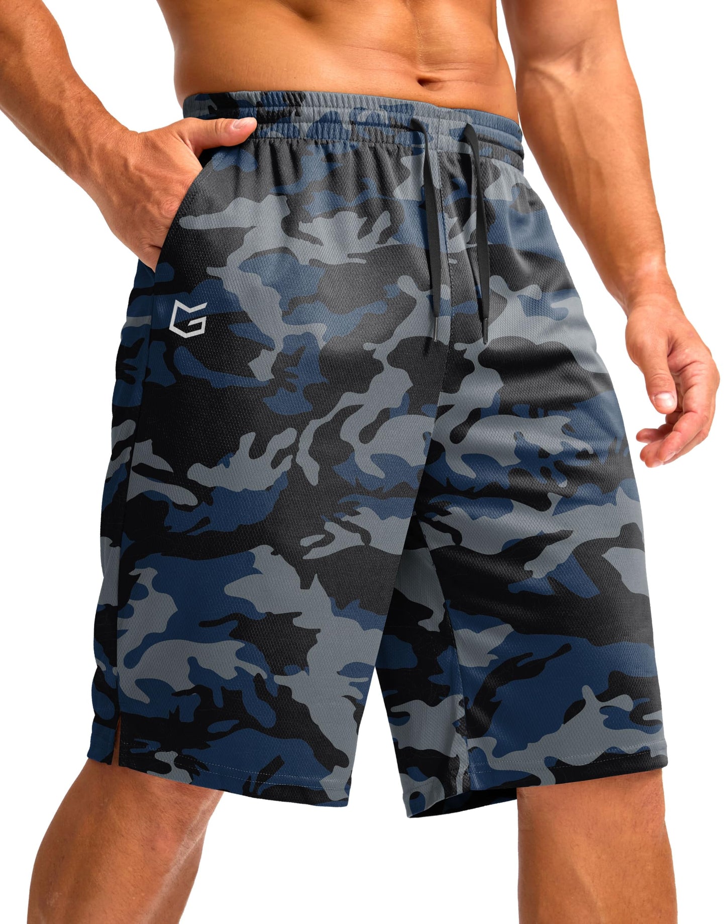 G Gradual Men's Athletic Shorts with Pockets 9" / 11" Long Basketball Shorts Lightweight Quick Dry Gym Workout Shorts for Men(Blue Camo,4XL)