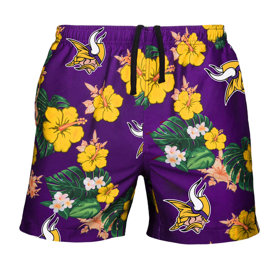 FOCO Mens Team Logo Floral Hawaiian Swimsuit Trunks, Color, XL (34"-36"), Minnesota Vikings, Team Color