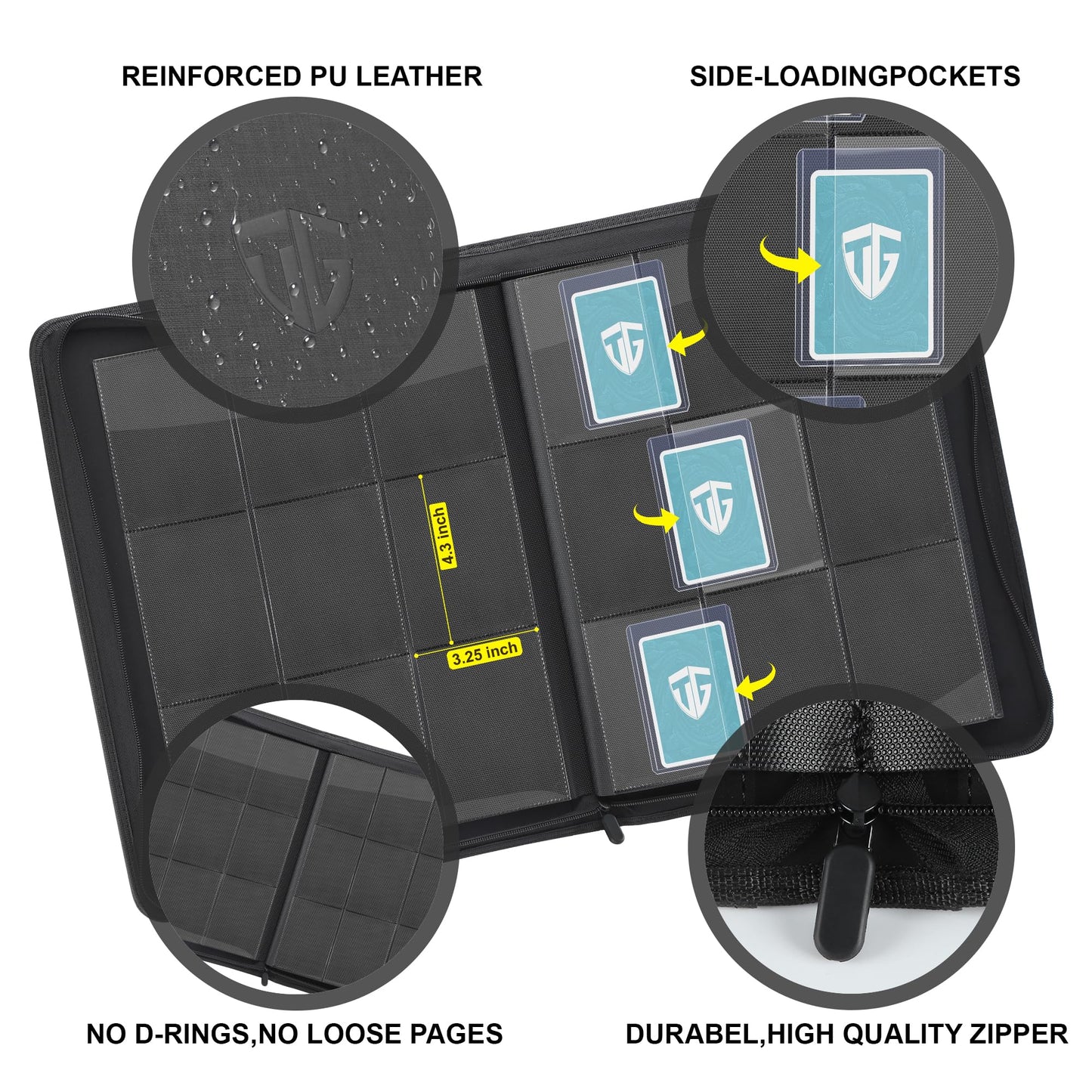 TCGUARD Toploader Binder,Holds 216 Toploaders,9 Pocket Top Loader Binder with Sleeves for 3"x4" Rigid Toploaders Hard Cases,Top loader Binders for TCG, MTG Card Binder, Trading Cards Binder(Black)