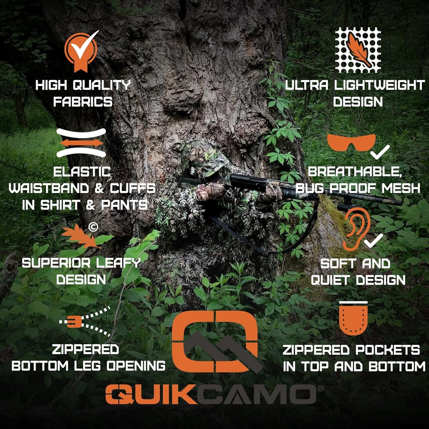 QuikCamo 3D Leafy Camo Ghillie Suit - Breathable Mesh for Turkey Hunting | Snaps & Zippered Pockets