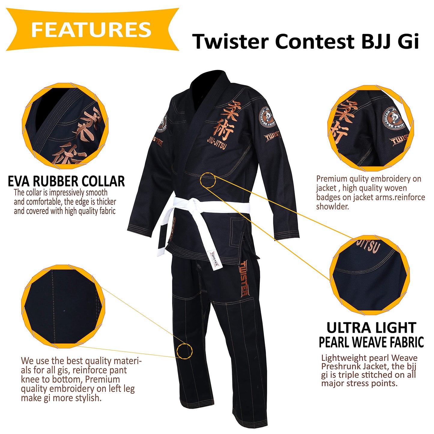 Twister Brazilian Jiu Jitsu Gi/Kimono/JiuJitsu Uniform Jiu Jitsu Gi 450 Gram Premium quality Fabric Comes With White Belts & Gi Bag (Black, A0)