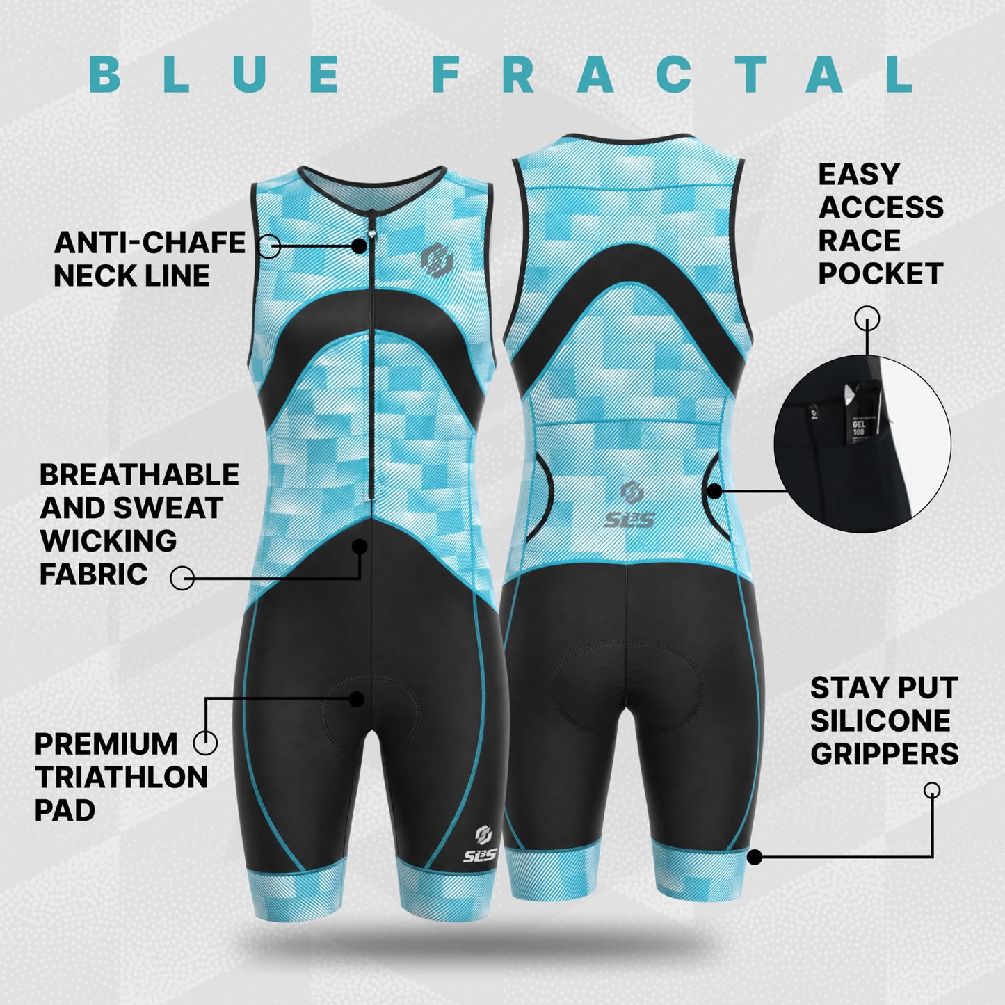 SLS3 Triathlon Suits Mens - Premium Trisuit Triathlon Men - Sleeveless, Quick Drying Tri Kit with Large Back Pocket (Blue Fractal, Medium)