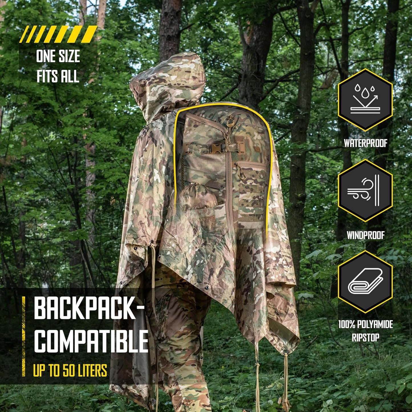 Tactical Rain Poncho - Waterproof Ripstop Military Shelter | Ideal for Camping, Hiking & Outdoor Activities