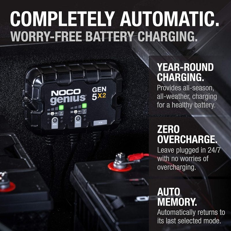 NOCO Genius 2-Bank Battery Charger | 10A Onboard Waterproof Marine Charger for Lead-Acid & Lithium Batteries - Overcharge Protection & Temperature Compensation