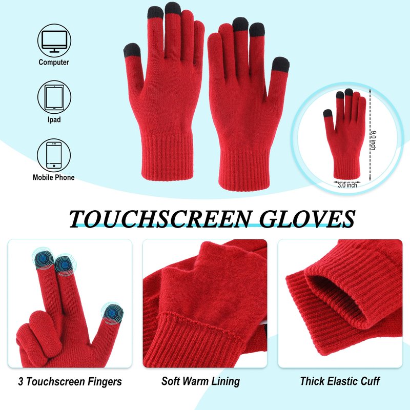Connectyle 3 PCS Fleece Lined Cold Weather Set, Warm Winter Beanie Hat, Long Scarf and Touchscreen Gloves for Men & Women (Dark Red)