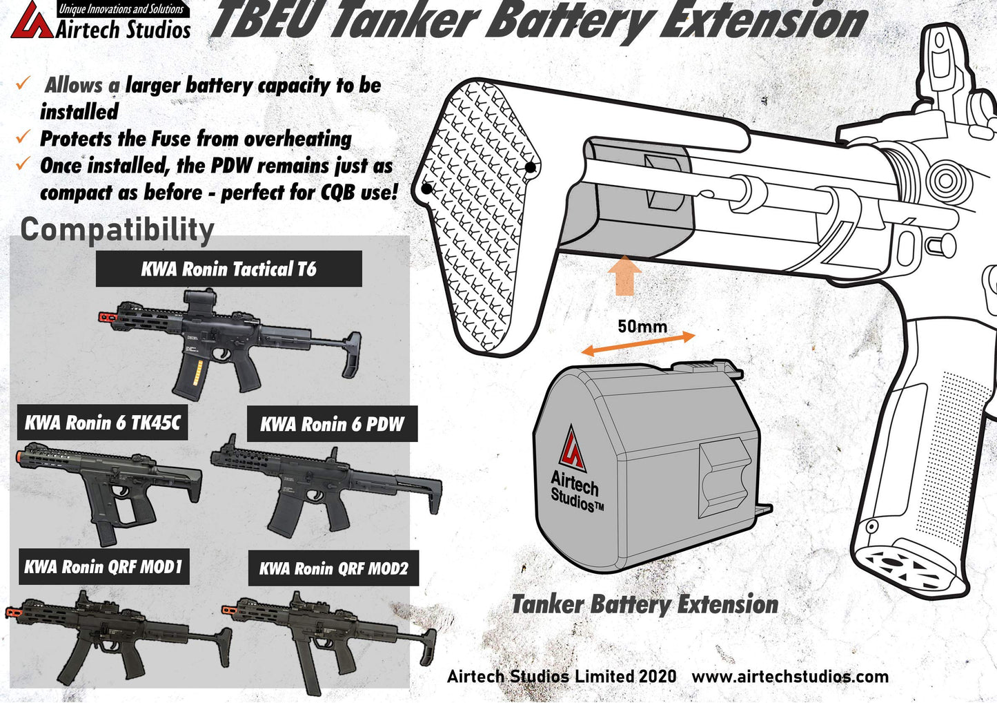 Airtech Studios KWA Ronin TK.45C PDW, T6 Tactical & QRF MOD Series - TBEU Tanker Battery Extension