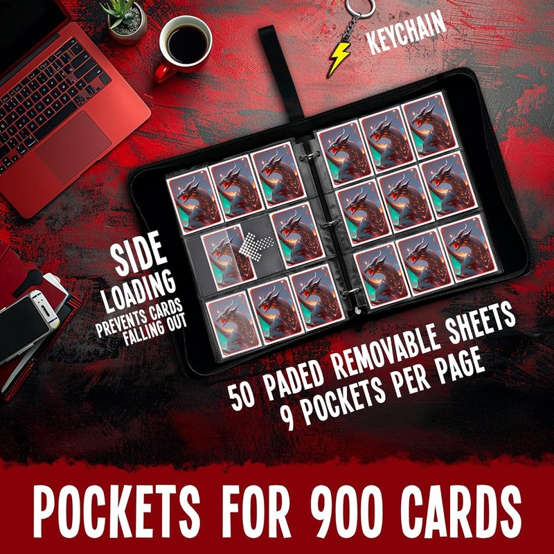 Trading Card Binder 9-Pocket - Zippered 3-Ring Album for 900 Cards | Includes 50 Removable Sleeves & ID Slot